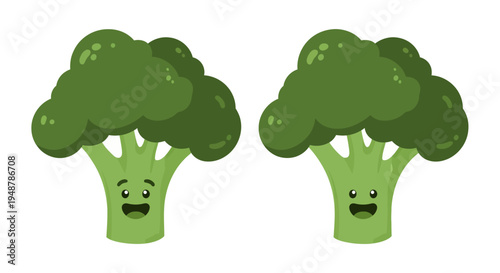 Cute Broccoli Characters with Happy Faces, Healthy Food Concept