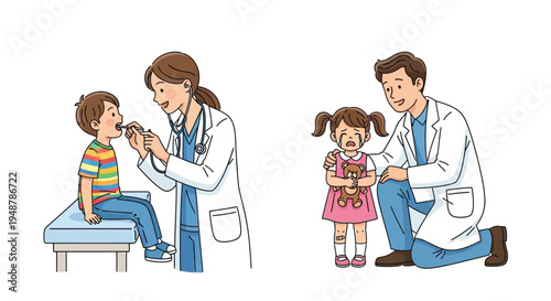 A doctor examines a boy, while another comforts a sad girl, depicting a healthcare scene.
