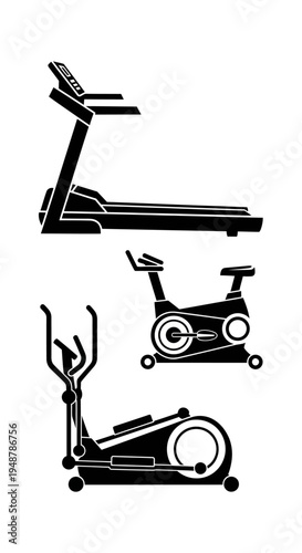 Fitness Equipment Icons: Treadmill, Exercise Bike, Elliptical Trainer - Vector Silhouette