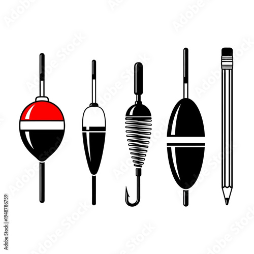 Fishing Floats and Pencil Icons: Set of Five Vector Illustrations