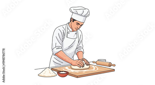 A chef skillfully rolls dough on a wooden cutting board