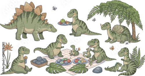 Cute cartoon dinosaurs having a picnic with fruit and snacks in a prehistoric forest featuring stegosaurus and t-rex family vector illustration for kids party invitations and nursery decor.