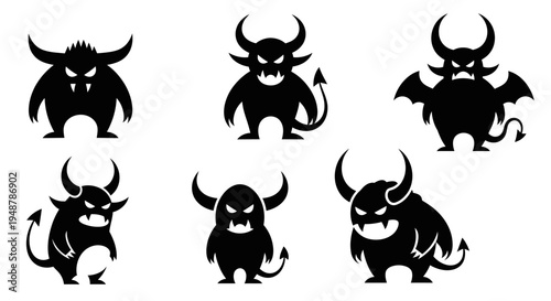 Set of Six Black Silhouettes of Cute and Scary Monsters with Horns and Fangs
