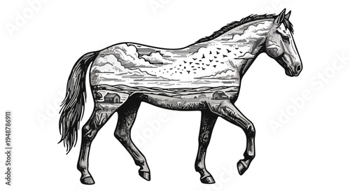 A wild black stallion silhouette with a flowing mane is depicted in this running horse vector illustration isolated on a white background for equestrian art and farm nature design