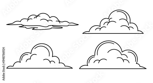 Set of stylized cartoon clouds, hand-drawn line art, isolated on white background