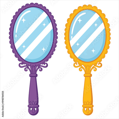 Set of 2 hand mirrors vector, purple and orange cartoon