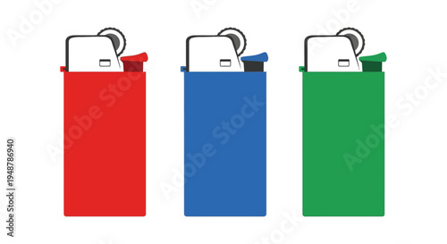 Three colorful disposable lighters, red, blue, and green, isolated on white background