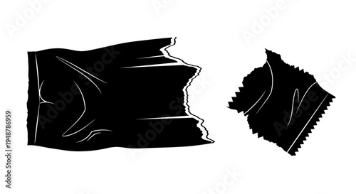 Torn Black Plastic Packaging Fragments Isolated on White Background