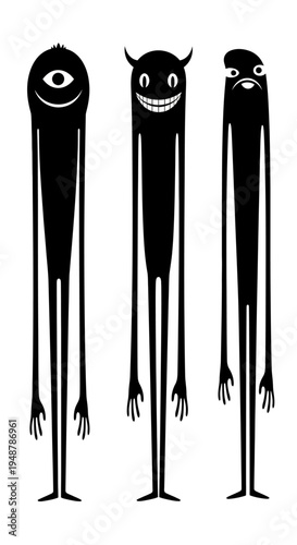 Three Tall Black Silhouettes of Strange Creatures with Big Eyes and Horns