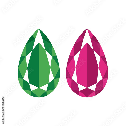 Two Pear Cut Gemstones: Emerald Green and Ruby Pink, Isolated on White