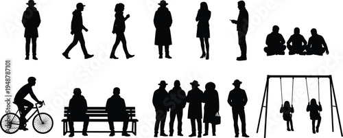 Tableau sur toile People silhouette collection, walking figures, standing poses, cycling, swing se