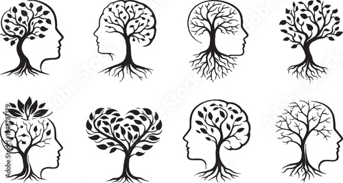 Human Head Tree Brain Growth Doodle Icon Set Mental Health Mind Psychology Line Vector Illustration