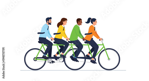 A colorful illustration depicts a diverse team pedaling a four-person bicycle, symbolizing collaboration.