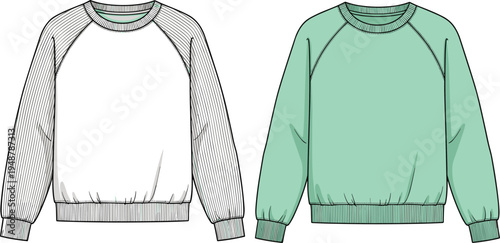 Raglan Sleeve Sweatshirt Technical Sketch Set with Ribbed Cuffs and Hem Featuring Front View in Mint Green and White Colors