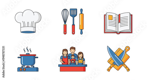 A vibrant set of flat icons representing cooking, family, and essential kitchen items.