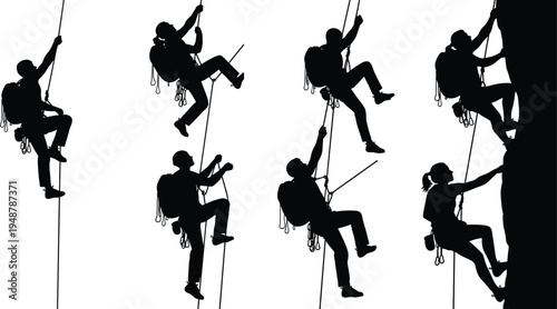 Rock climber silhouettes set isolated on white background, mountain climbing with ropes and backpacks, extreme sport outdoor adventure vector illustrations.