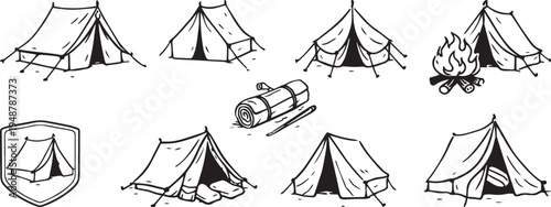 Camping Tent Doodle Icon Set Hand Drawn Outdoor Shelter Campfire Backpack Adventure Line Vector