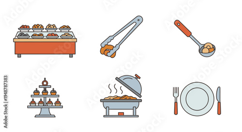 A flat illustration showcasing a buffet setup with food, serving tools, and various dining elements.