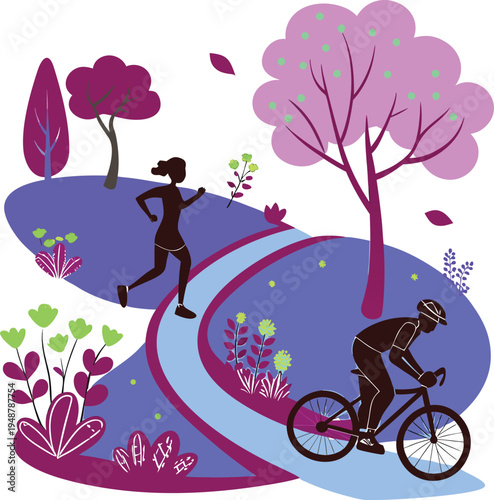 morning cycling and waking in the park