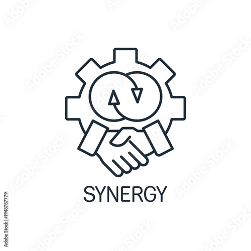 Handshake, mechanism, and movement arrows. Synergy. Assistance, cooperation. Vector linear icon illustration isolated on white background.