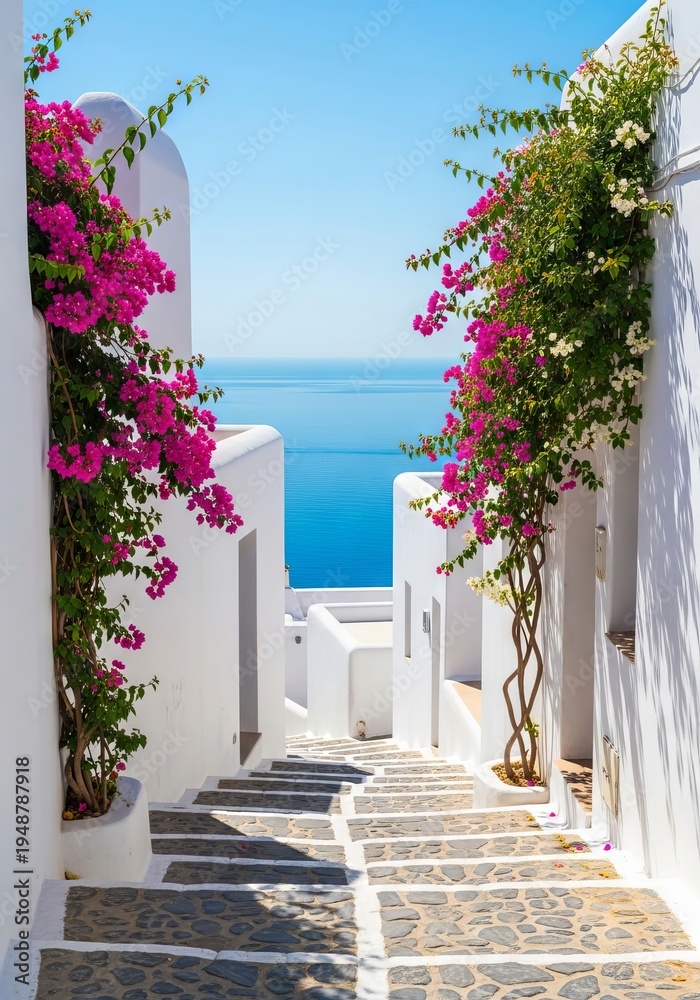 Obraz premium Narrow cobblestone paths wind between whitewashed buildings under a bright sun, featuring vibrant floral vines and a distant blue sea view, paradise, window, view