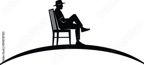 Seated person silhouette, thoughtful pose, curved surface, hat figure, peaceful mood, introspective design, black and white illustration