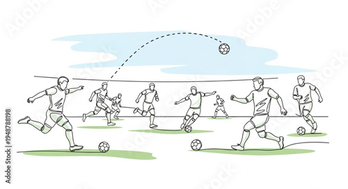 Soccer players in action during a game with a ball in the air.