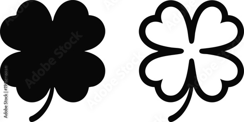 Four-Leaf Clover Good Luck Icons, Lucky Shamrock Silhouette and Outline Set, Saint Patrick's Day Clover Symbols.