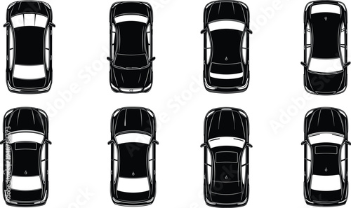 Top-down car silhouettes with varied roof and body designs, vector illustration of vehicles for automotive design, transport planning, mapping, and simulation concepts