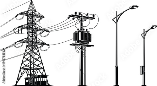 Silhouette of transmission tower, utility pole with transformer, streetlights, electrical infrastructure, energy distribution system, electricity grid, urban technology, industrial network