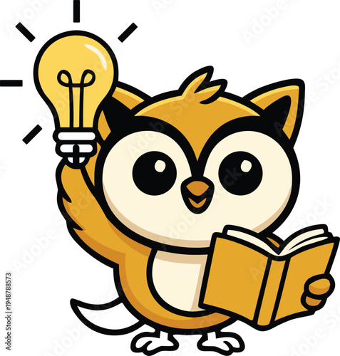 Cute owl mascot holding a light bulb and book representing intelligence and learning.
