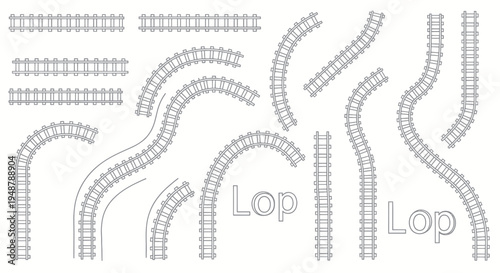 Railway Track Elements Collection: Straight, Curved, and Wavy Sections