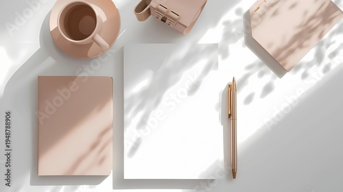 Minimal pink and gold workspace flat lay with blank notebook coffee cup and pen on white desk for productivity planning blogging business organization and professional stationery branding