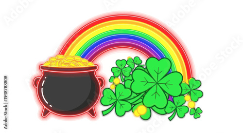 Pot of Gold at Rainbow's End with Shamrock Clover and Coins