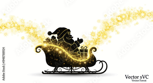 Santa Claus silhouette in sleigh with gifts, glowing golden snowflakes trail