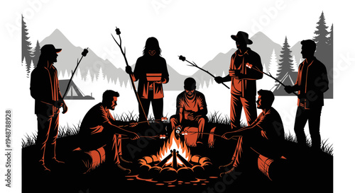 Silhouettes of people roasting marshmallows around a campfire in a mountain landscape