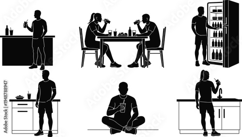 Silhouette people drinking beverages, kitchen home lifestyle, social dining table, refrigerator drinks, casual relaxation, everyday domestic scene, beverage consumption illustration