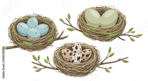 Three Bird Nests with Assorted Eggs on Twigs