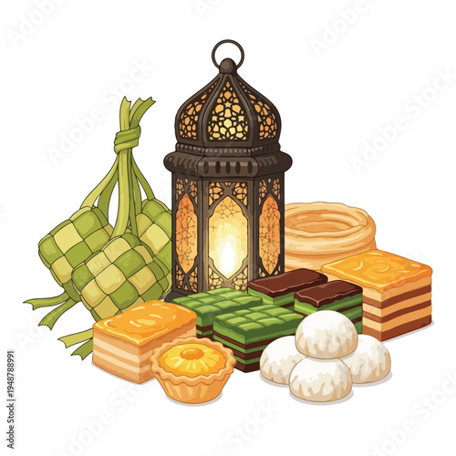 Traditional Ramadan Lantern with Food and Dates.