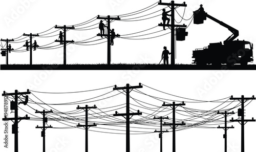 Silhouettes of Linemen and Electricians Repairing Electrical Grid on Utility Poles with Bucket Truck and Power Lines for Industrial Maintenance and Infrastructure Development Concept