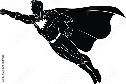 Superhero silhouette flying, muscular figure, dynamic action pose, cape flowing, comic book hero, justice symbol, heroic character, vector illustration design
