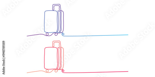 Modern continuous line art drawing featuring two colorful gradient travel suitcases representing journeys and holidays