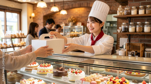 お客様にケーキを手渡す女性店員