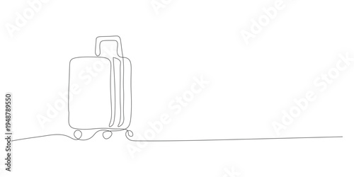 Simple continuous line art drawing of a wheeled travel suitcase for adventure and vacation trips
