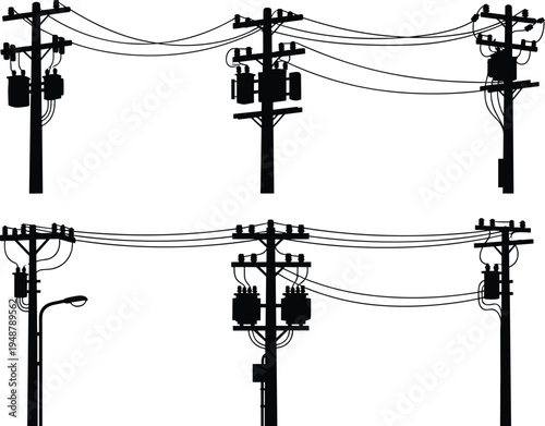 Utility pole silhouette illustration, electrical infrastructure artwork, power line design concept, black and white vector template set