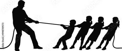 Tug of war silhouette illustration, teamwork competition artwork, playful strength design concept, black and white outdoor vector template set