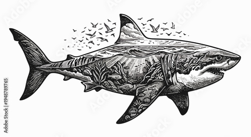 A dangerous great white shark vector illustration with sharp teeth and a blue fin swimming isolated on a white background as a powerful marine predator of the deep sea nature