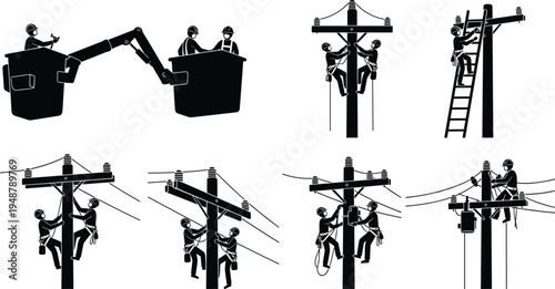 Utility workers silhouettes, electrical line maintenance, power pole repair, bucket truck safety, teamwork, climbing gear, harness, electricity infrastructure, vector illustration