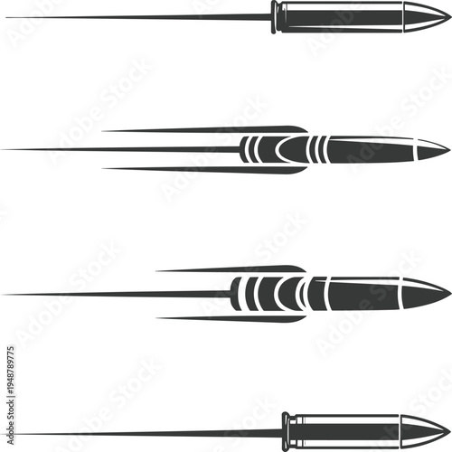Collection of flying bullet silhouettes with speed motion lines for ballistic weapon ammunition and tactical graphic design projects