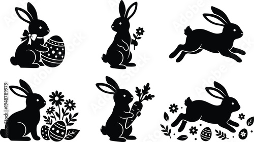  Premium Easter Bunny Silhouette Vector Bundle 2026 - Set of 6 Black Rabbit Shapes: Sitting, Standing, Jumping Poses with Carrots, Flowers, and Decorated Eggs - Minimalist Flat Design for Cricut 